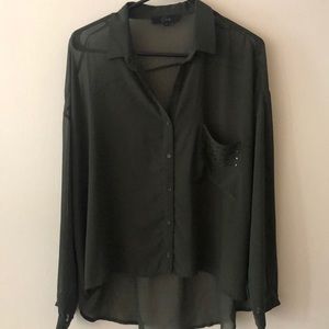 Elodie military green button up chiffon top